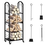 GOPLUS Kaminholzregal mit Rollen, 4-stufiger Brennholzregal mit 4 Kaminwerkzeug, Kaminholzständer...