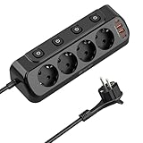 4 Fach Tischsteckdose mit USB C (PD 20W), Eck Steckdosenleiste Schreibtisch Einzeln Schaltbar,...
