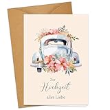Hochzeitskarte mit Auto - A6 Klappkarten Aquarell Karte Hochzeit - Premium Glückwunschkarte zur...