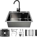 WUDLEP Spülbecken Schwarz 55×45cm, Waschbecken Küche mit Drainage Komponenten, Spüle Schwarz...