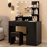 OOFAYJIA Schminktisch mit LED Beleuchtung und Hocker, 3 Farben mit Einstellbarer Helligkeit,...
