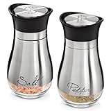 Salz- und Pfefferstreuer-Set aus Glas und Edelstahl mit Aufschrift Salt, Pepper, je 118 ml