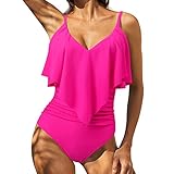 QWUVEDS Bademode Damen Bikini 2023 Damen-Badeanzug, sexy, einlagiger Rüschen-Dolid-Farben-Badeanzug...