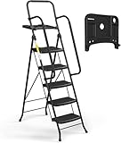 HBTower Trittleiter 5 Stufen klappbar mit Werkzeugablage, Faltbare Haushaltsleiter mit...