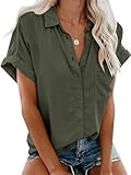 Friptspyg Bluse Damen Lässiges Kurzarm Hemdbluse Sommer V-Ausschnitt 100% Baumwolle Solide...