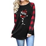 Weihnachts-T-Shirt mit Rotweinglas-Grafik für Frauen Langarm lässiges Festtags-Shirt mit...