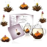 Creano Blütentee Aloom Tee - Blumen-Teeball Geschenkset mit 480 ml Glas-Teekanne | Schwarzer Tee