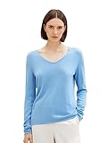 TOM TAILOR Damen Basic Strickpullover mit V-Ausschnitt, 15584 - Sea Blue Melange, L