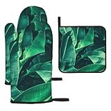Ofenhandschuhe und Topflappen, Motiv: tropische Bananenblätter, hitzebeständige Küchenhandschuhe,...