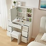 LIANWANG Schminktisch mit Hocker und Beleuchtung, Frisiertisch mit Spiegel für Make up,...