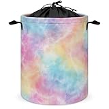 Wäschekorb mit Batikmuster, Pastellfarben, Regenbogenfarben, rund, faltbar, mit Kordelzug,...