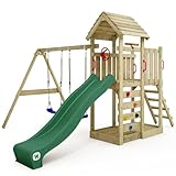 WICKEY Spielturm Klettergerüst MultiFlyer mit Holzdach, Schaukel & grüner Rutsche, Outdoor Kinder...