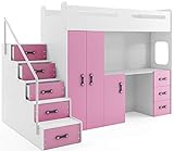 Hochbett MAX 4 Größe 200x80cm mit Schrank und Schreibtisch, Farbe zur Wahl inkl. Matratze (rosa)