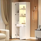 SogesHome LED Vitrine Hochglanz Weiß mit Schublade & Glastüren (70×35×180cm) – Standvitrine...