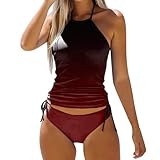 Damen Push Up Badeanzüge Zweiteiler Bikini Set Gepolsterter Kordelzug Seitliche Bademode Neckholder...