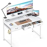 ODK Schreibtisch Weiß mit Schubladen, Computertisch mit Monitorständer Höhenverstellbarer,...