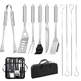 Grillbesteck-Set 11-TLG. 34 cm, Edelstahl, Grillzubehör mit Grillzange, Grillgabel, Tragbare...