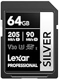 Lexar Silver SD Karte 64GB, UHS-I SDXC Card 205 MB/s Read Speed, 90 MB/s Write Speed, V30, U3, C10,...