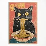 Vintage Japanische Katze Leinwand Wandkunst, Schrulliges schwarzes Katzen essendes Ramen Poster,...