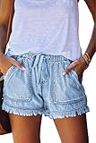 HVEPUO Damen Mittlerer Aufstieg Denim Kurze Hose Lässige gebrochene Kante Used Look Blue Quaste...