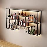 Modernes Weinregal Und Kelchhalter Zur Wandmontage，Led-Beleuchtetes Regal FüR Spirituosenflaschen...