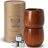 LUXULISH Großes Bourbon-Glas aus Holz, 284 ml, inklusive 3 Edelstahl-Eiswürfeln,...