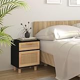 Ordellia Nachttisch Schwarz, Massivholz Kiefer Natur-Rattan, Beistelltisch mit Schublade,...