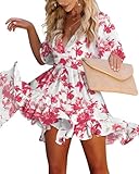 Imily Bela Sommerkleid Damen V Ausschnitt Kurzarm Strandkleid Knielang Blumen A-Linie Drucken...