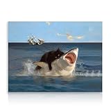 Dazzlewall Lustige Katze und Hai Wandbild, Skurrile Schwarze Katze beißt Hai Malerei Bild für...