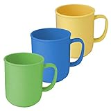 3 Tassen mit Henkel à 300 ml wiederverwendbar aus Kunststoff in den Farben Gelb, Blau und Grün,...