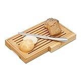 Relaxdays Brotschneidebrett, praktisches Brotbrett mit Messer aus Edelstahl, Krümelrost, Bambus,...