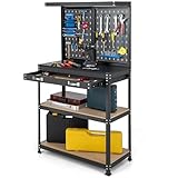 GYMAX Werkbank, Werkzeugbank mit Lochwand & Ablagefläche, Werkstatt Werktisch mit Schublade,...