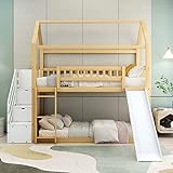 FEZTOY Baumhaus Kinderbett 90 x 200 mit 3 Treppe & Schubladen, Hochbett für 2 Kinder mit Rutsche...