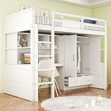 RIAZOS Kinderbett 90x200 cm, Hochbett mit Schreibtisch, Tisch mit Staufach, Kleiderschrank mit 2...