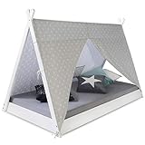 Homestyle4u 1847, Kinderbett 90x200 Weiß Grau Sterne Hausbett Tipi Bett für Kinder Holzbett mit...