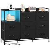 Somdot Kommode Schwarz mit Ladestation und LED, Sideboard mit 8 Schubladen aus Stoff, 2 Steckdosen,...