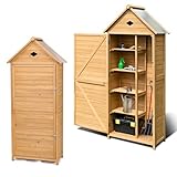 HOMASIS Gartenschrank Holz, Gerätehaus Wetterfest Outdoor, Gartenhaus mit 5 Ablagen & Schrank,...