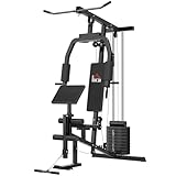 HOMCOM Kraftstation für Zuhause Fitnessstation mit Latzuggerät, Kabelzug, kurzer Bizepsstange,...