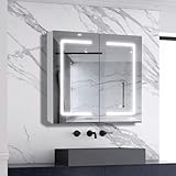 Biubiubath LED Spiegelschrank 80x70cm Weiß Matt Touch/Wandschalter Beschlagfrei 3 Lichfarbe Dimmbar...