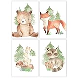 Pandawal Kinderzimmer Babyzimmer Waldtiere Bilder Deko Natur Poster Set 4er Tiere für Kinder Junge...