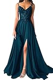 Damen Chiffon Ballkleider Lang V-Ausschnitt Spitzenapplikationen Brautjungfernkleid A-Linie...