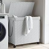 Wäschekorb mit Rollen Weiß 60x35x60,5 cm Rattan, CIADAZ Wäschesammler, Laundry Baskets,...
