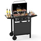 COSTWAY Gasgrill mit 3 Brenner, 7 kW Grillwagen mit Seitentischen, Grillrost, Thermometer, Deckel...