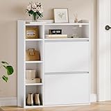 HEXCELEN Schuhschrank Schmal mit 2 Klappen, Schuhkipper, Schmaler Schuhkommode mit 5 Offene Fächer,...