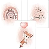 artpin® Poster Kinderzimmer, 3er Set Bilder Babyzimmer Mädchen, Altrosa Luftballon Regenbogen...