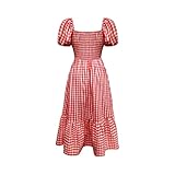 Generisch Damen Bohemian Summer Plaid Square Neck Puffärmel Rüschen Flowy Beach Midi Kleid...
