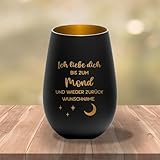 Kiwistar UG Windlicht Glas personalisiert schwarz-Gold Gravur Spruch Ich Liebe Dich bis zum Mond...