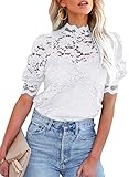 BLENCOT Damen Spitze Tops Puff Kurzarm Stehkragen Casual Blusen Hemden mit Trennbar Cami