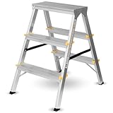 Trittleiter Aluminium Leiter beidseitig begehbar, 3 Stufen, 150kg Traglast TÜV geprüft (2x3 150...