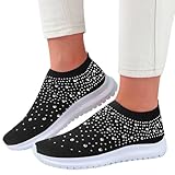 damen sneaker schwarz elegant, Glitzer Sneaker Damen Mesh Sportschuhe Turnschuhe mit Strass...